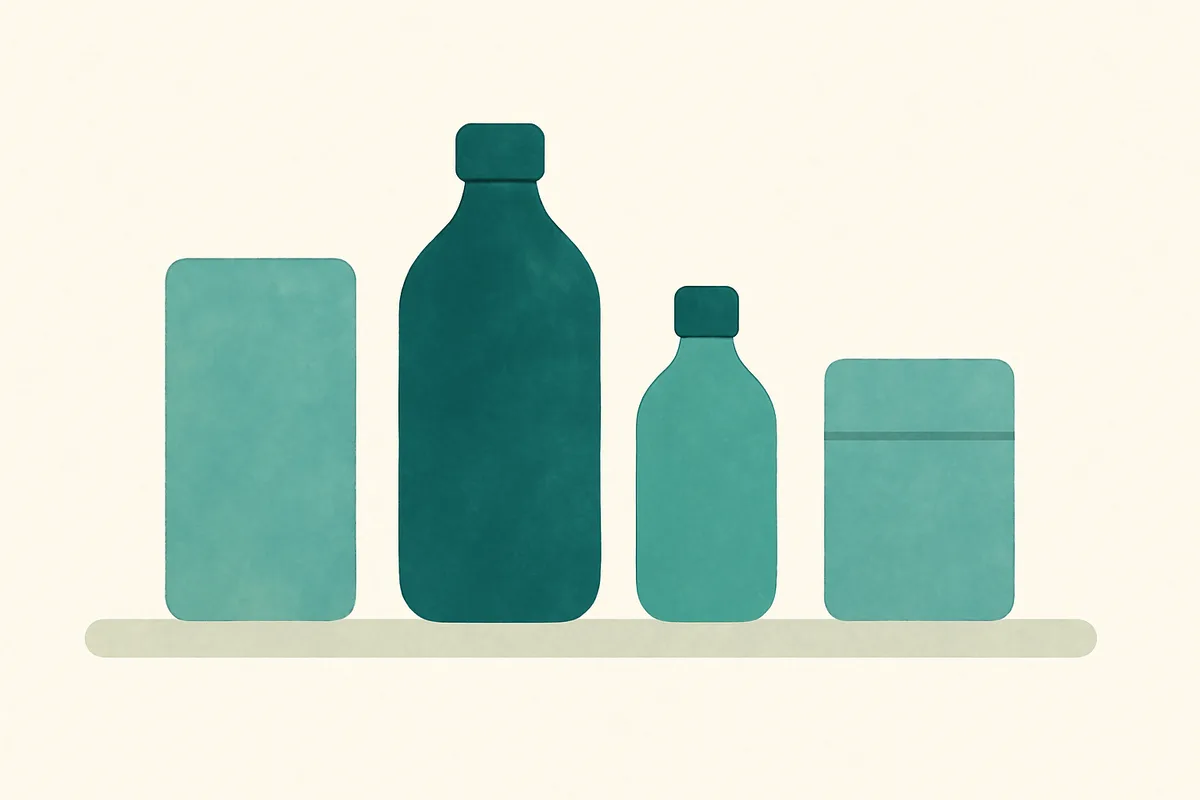 Illustration of bottles and boxes lined up on a shelf